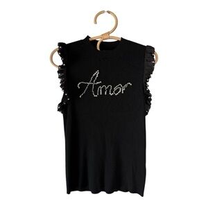 onTwelth Black Ribbed Pearl Amore love Ruffle Pearl Sleeve Tank Size XL Boutique